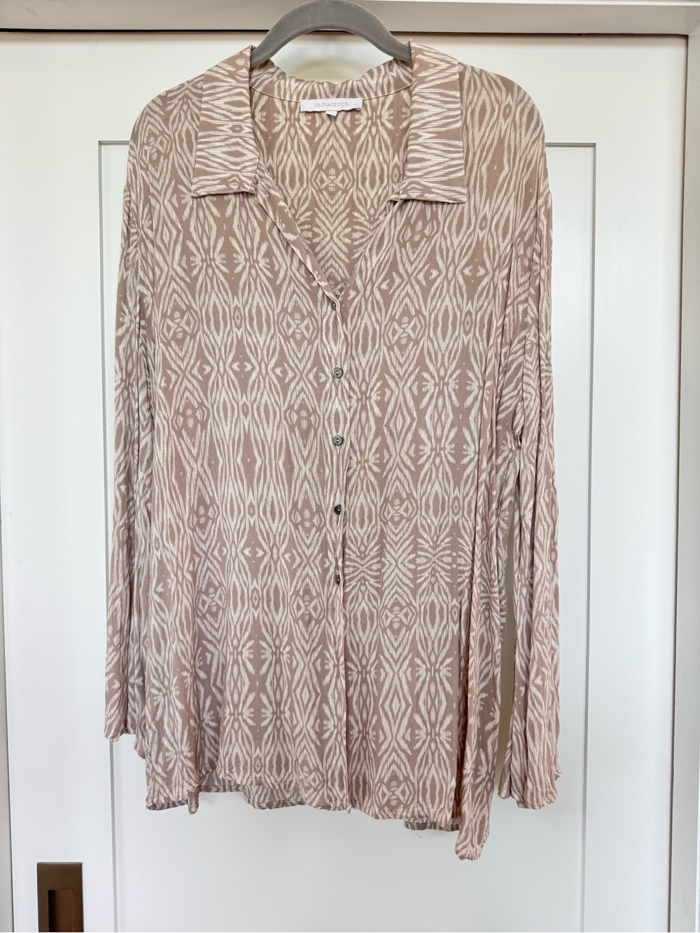 Olivaceous Beige and White Button-Down Blouse